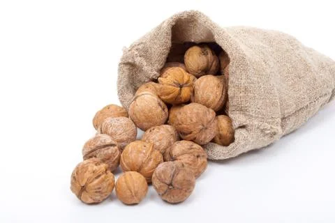 Burlap sack with walnuts Stock Photos
