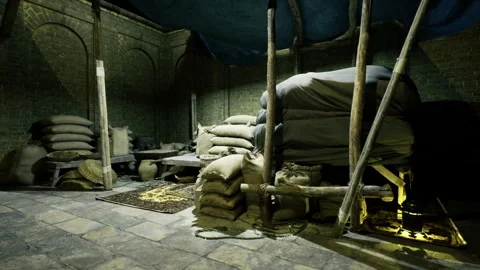 Burlap sacks and scattered grain create moody rural atmosphere Video stock 339798605