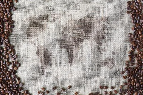 Burlap texture with coffee beans border and world map Stock Photos