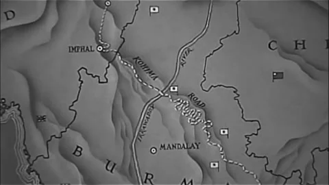 BURMA - 1961 - In this war drama, a map zooms in then military planes show with Stock Footage 323220352