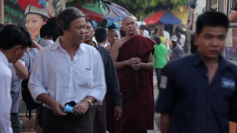 Burma Buddhist monks walking in crowd, Myanmar Stock Footage 102643022