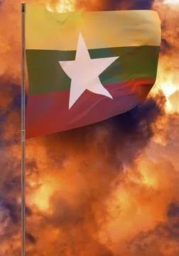Burma flag on pole with sky background Stock Illustration