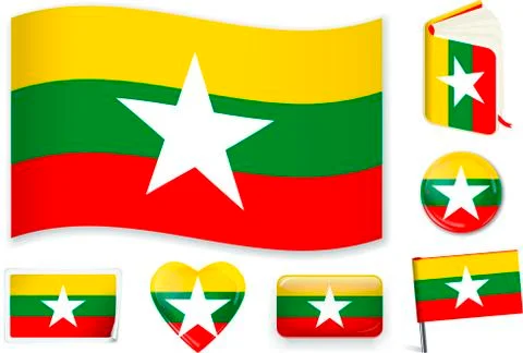 Burma flag wave, book, circle, pin, button, heart and sticker. Stock Illustration