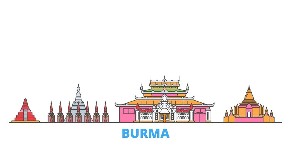 Burma line cityscape, flat vector. Travel city landmark, oultine illustration Stock Illustration