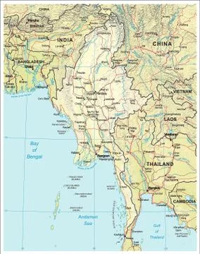 Burma Myanmar physiography map Stock Illustration