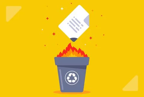 Burn the document in the bin. destroy data. Stock Illustration