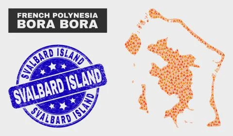 Burn Mosaic Bora-Bora Map and Distress Svalbard Island Stamp Seal イラスト素材