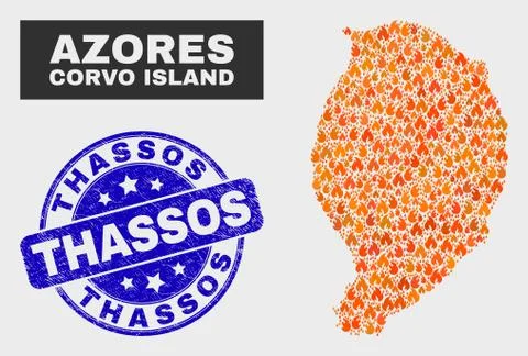 Burn Mosaic Corvo Island Map and Grunge Thassos Watermark Stock Illustration