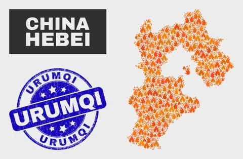 Burn Mosaic Hebei Province Map and Grunge Urumqi Seal イラスト素材