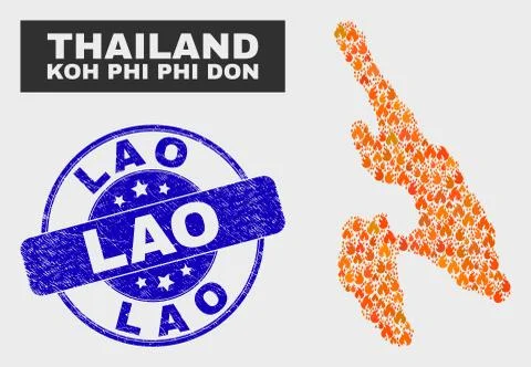 Burn Mosaic Koh Phi Don Map and Grunge Lao Stamp Seal Stock Illustration