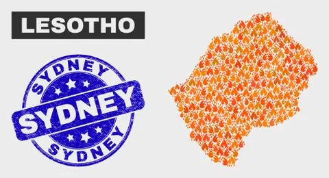 Burn Mosaic Lesotho Map and Grunge Sydney Stamp Seal イラスト素材