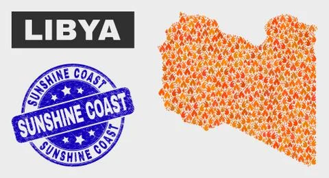 Burn Mosaic Libya Map and Grunge Sunshine Coast Stamp Stock Illustration