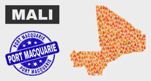 Burn Mosaic Mali Map and Scratched Port Macquarie Stamp イラスト素材
