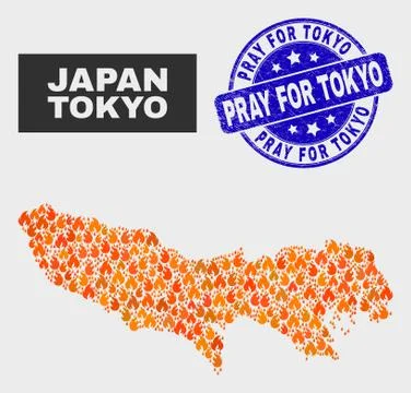 Burn Mosaic Tokyo Prefecture Map and Scratched Pray for Tokyo Stamp Stockillustratie