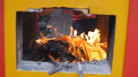 Burn Prayer Paper In A Buddhist Temple Stock Footage 123572010