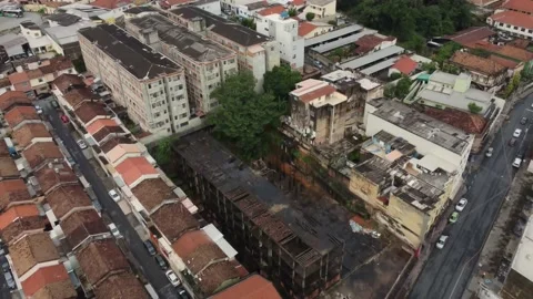 Burned abandoned building and public housing in Latin America | Aerial | Brazil Stock Footage