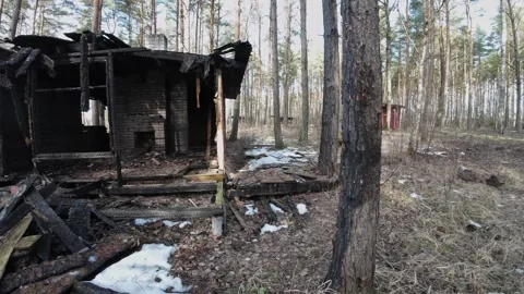 Burned-abandoned-cabin-ruins-in-forest-slow-pan-010 Stock Footage 330762907