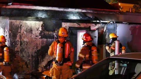 Burned building during fire Stock Footage 116013399