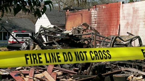 Burned Building w-Fire Tape Stock Footage 24691706