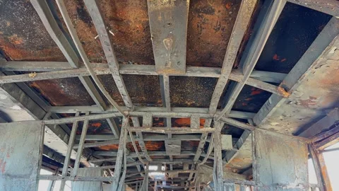 Burned Bus Ceiling Interior Structure Stock Footage 334817987