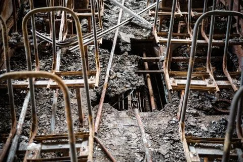 Burned bus, inside. Consequences of a fire, an emergency, an accident. Idea - Stock Photos