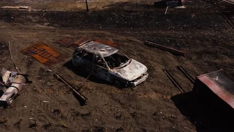 Burned Car In The Ashes After A Fire Stock Footage 165191053