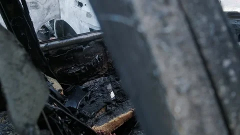 Burned car interior. Fire accident Stock Footage 140189539