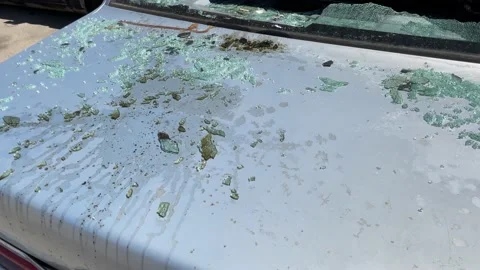 Burned car with smashed glass Stock Footage 194346535