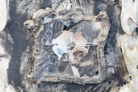Burned clock after eruption of volcano Merapi Foto stock