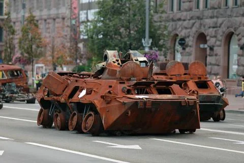 Burned combat vehicle BTR. Stock Photos