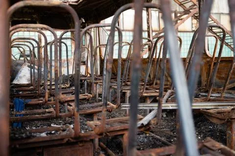 Burned down bus, view inside bus, emergency Fotos Stock