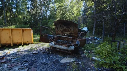 Burned Down Car Rusty Left In Woods Next To Container Stock Footage 168816747