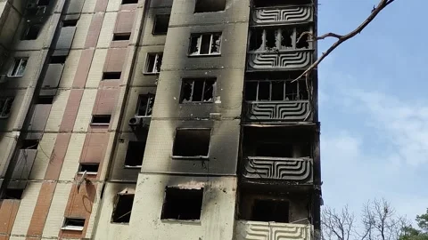 Burned five-story building in Irpin, Kyiv region, 23.04.2022 Stock Footage 318948652