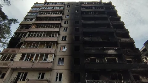 Burned five-story building in Irpin, Kyiv region, 23.04.2022 Stock Footage 318948686
