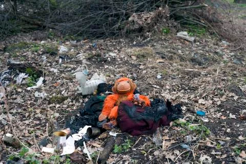 Burned garbage lying in forest Stock Photos