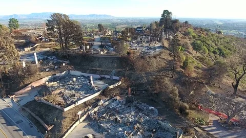 Burned homes after Thomas Fire in Ventura CA Stock Footage 84667753