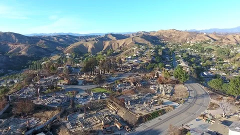 Burned homes after Thomas Fire in Ventura CA Stock Footage 84668089