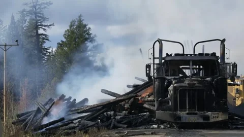 Burned Logging Truck and Timber After Forest Fire Stock Footage 337722292