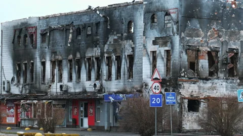 Burned multi-storey building due to a Russian shell Stock Footage 200920973