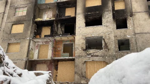 A burned-out building that was attacked by a cruise missile, the city of Kyiv Stock Footage 263769587