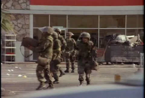 Burned out buildings during the LA riots in 1992. Stock Footage
