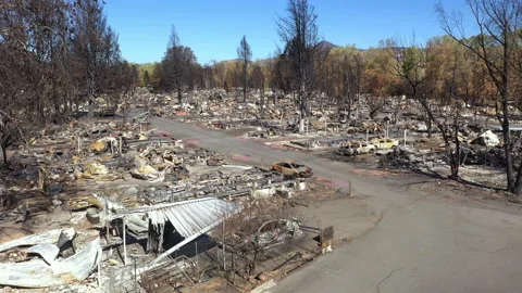 Burned out mobile home park in Phoenix Oregon, USA from fire 2020. Stock Footage 140690130