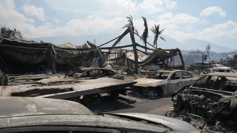 Burned Out Vehicles and Structures, Lahaina, Maui, Hawaii Stock Footage 252683814