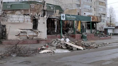 Burned pharmacy due to a Russian shell Stock Footage 200132244