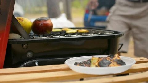 Burned potato chips and cooked apples closeup during family BBQ grill outside 스톡 동영상 91435612