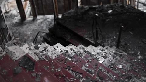 Burned staircase with rubble and debris Stock-Footage 345860475