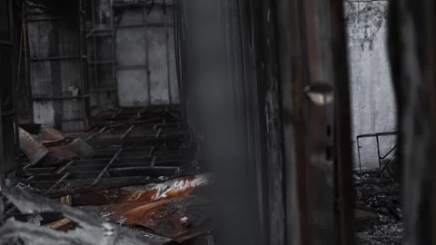 Burned window frame and interior wall close up Stock-Footage 345860400