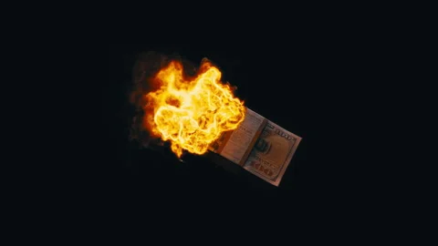 Burning 100 Dollar Bill Bundle Fire Reveal Video stock 328575139