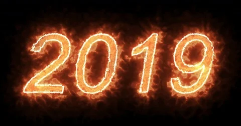 Burning 2019 fire word text with flame and smoke in fire on black background Stock Footage 83175808