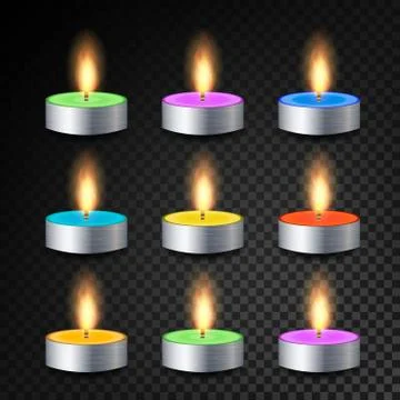 Burning 3D Realistic Dinner Candles Vector. Decorative Aromatic Tealight Candles 스톡 일러스트